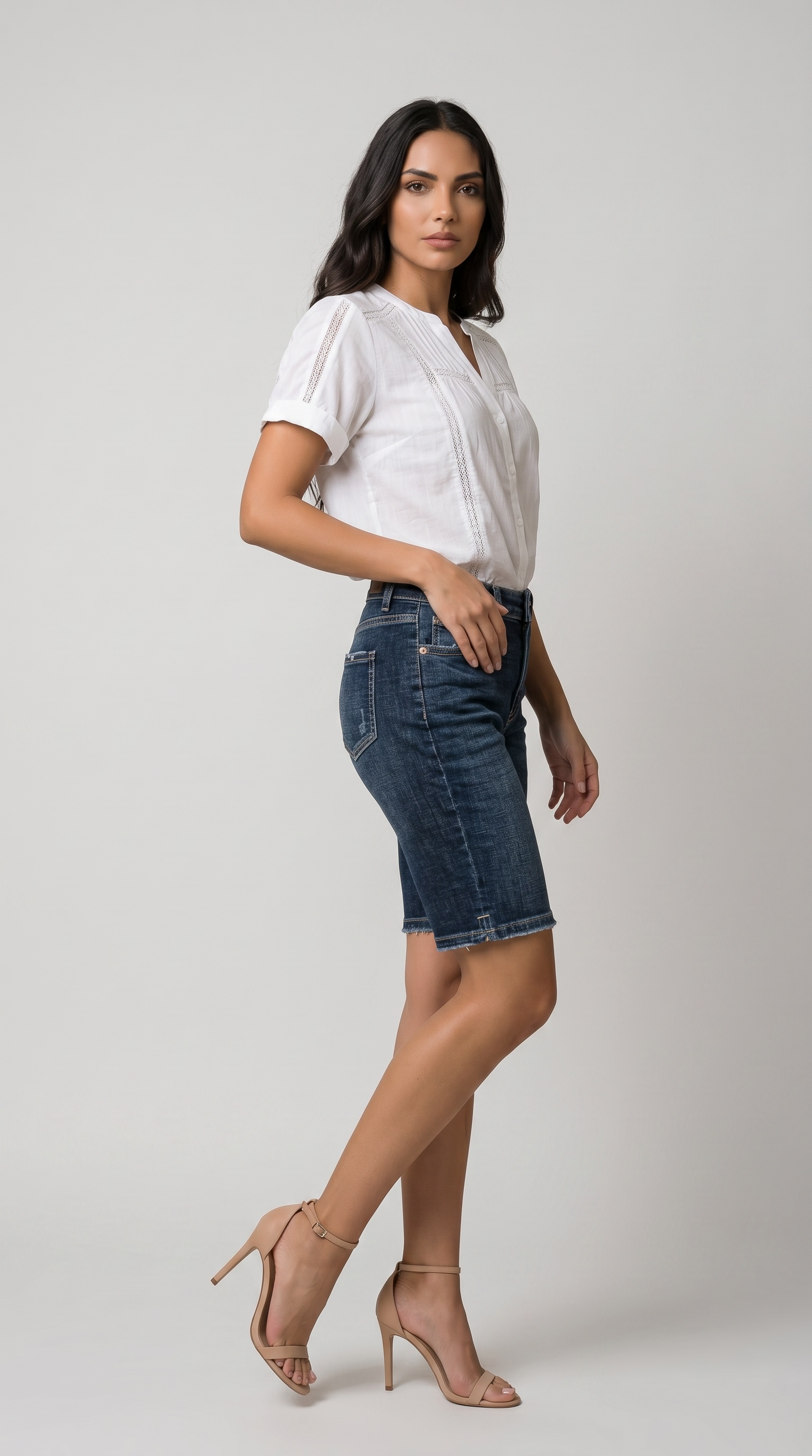 Celeste Dark Wash Crosshatch Bermuda Shorts