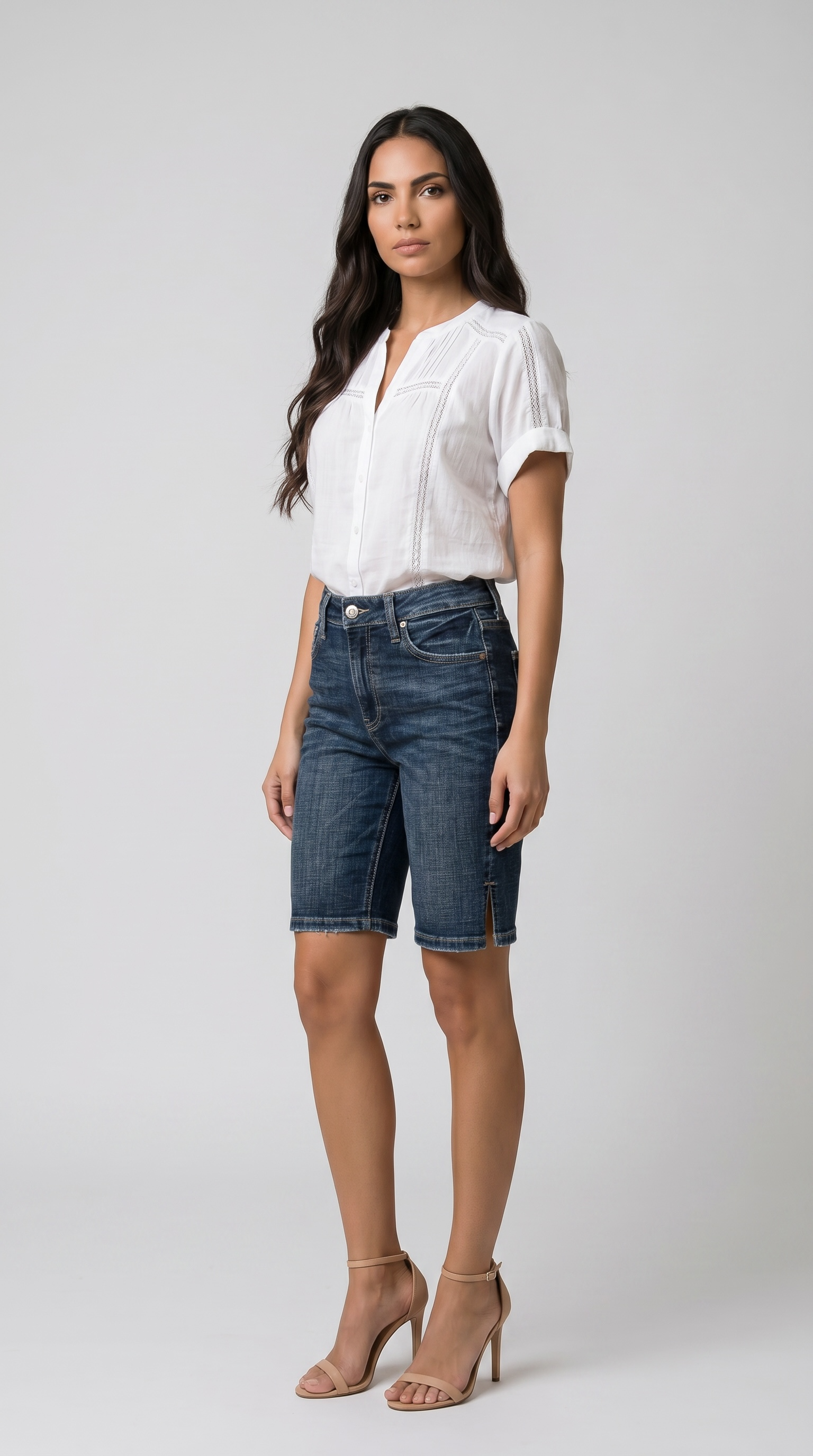 Celeste Dark Wash Crosshatch Bermuda Shorts