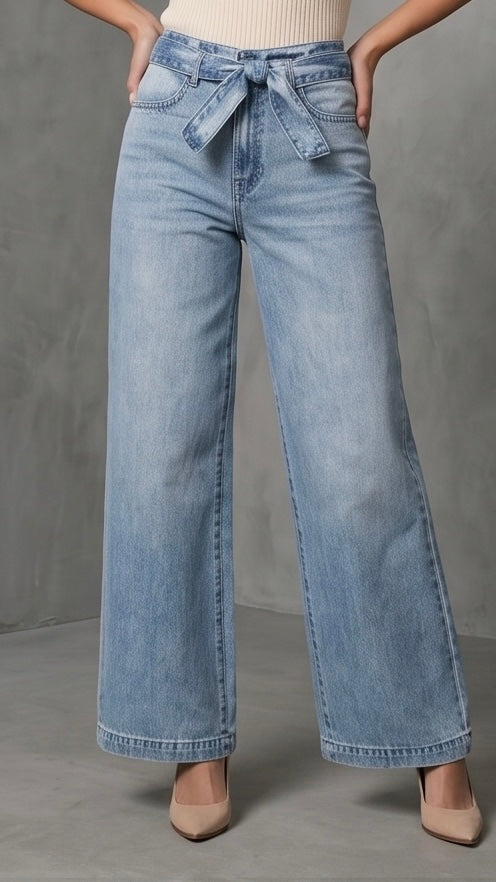 Tied Wide Leg Jeans with Pockets