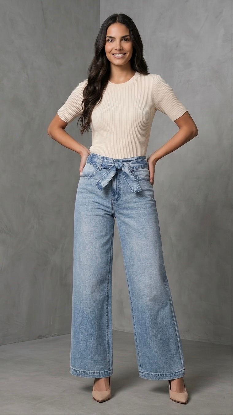 Tied Wide Leg Jeans with Pockets