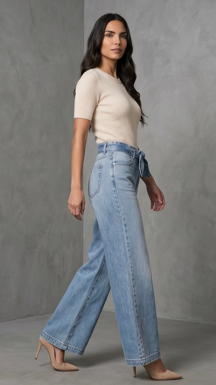 Tied Wide Leg Jeans with Pockets