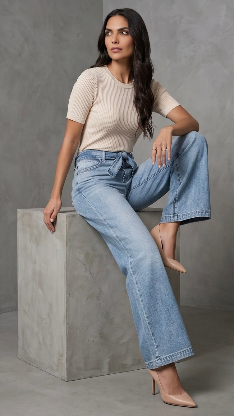 Tied Wide Leg Jeans with Pockets