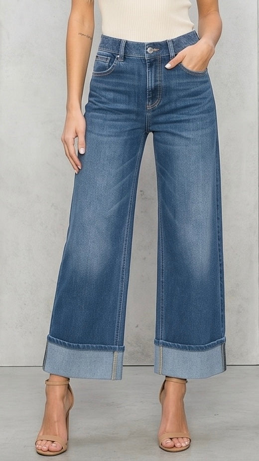 High Rise Rolled Straight Leg Jeans