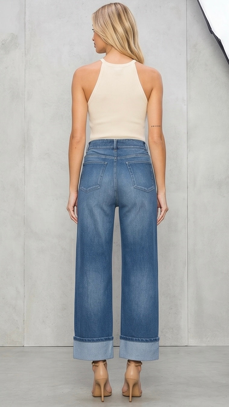 High Rise Rolled Straight Leg Jeans