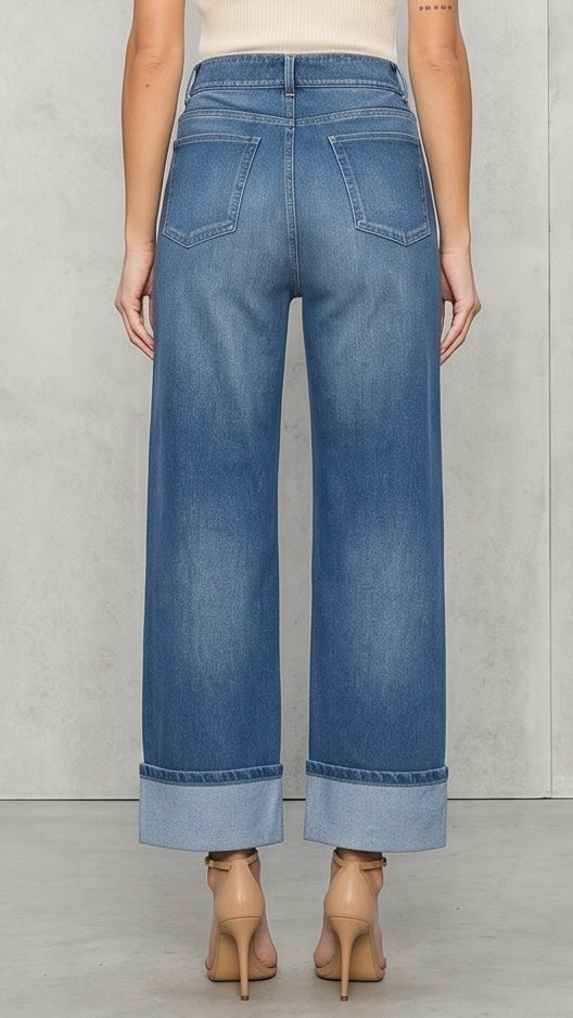 High Rise Rolled Straight Leg Jeans