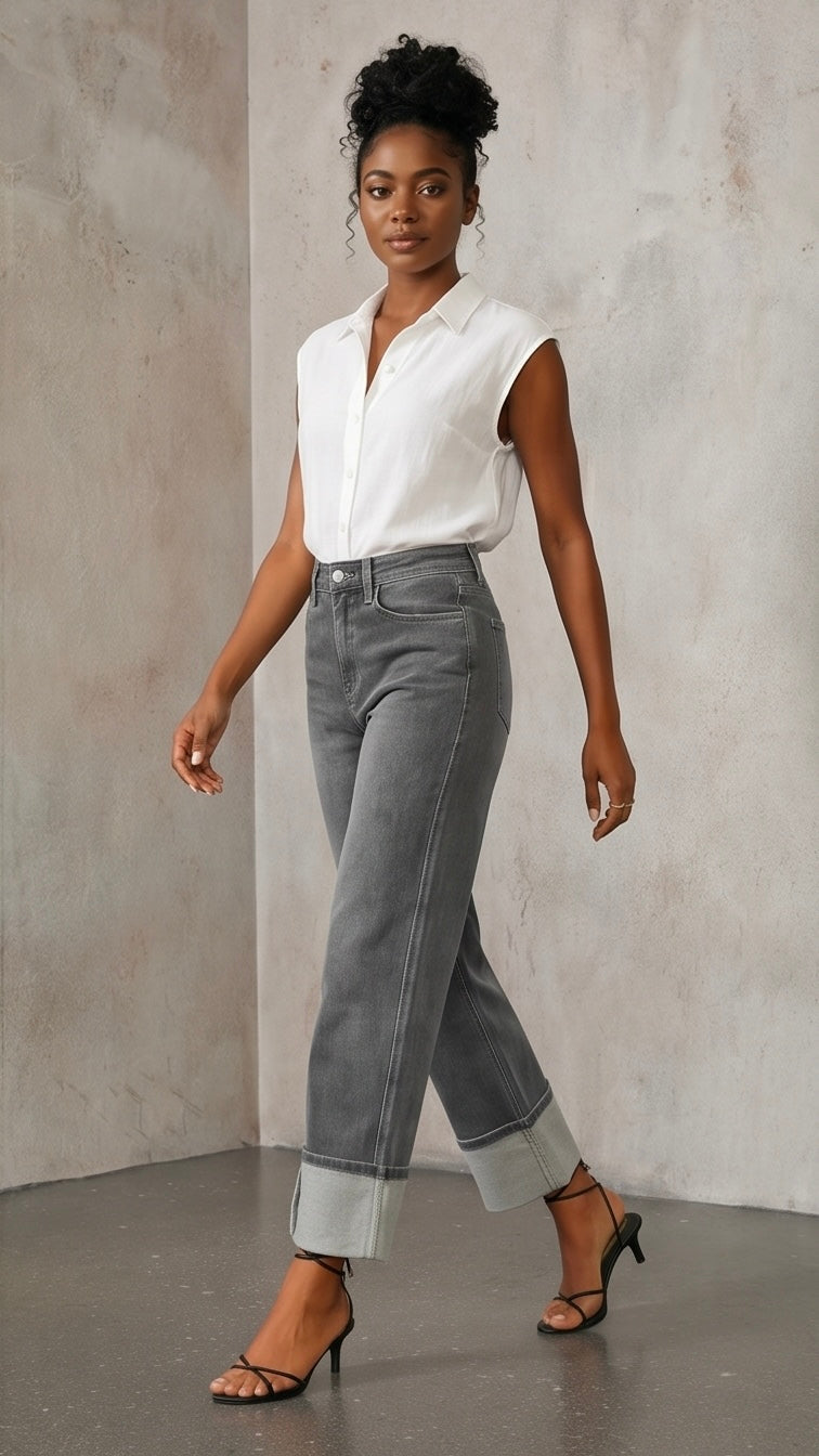 High Waisted Straight Leg Cuffed Jeans