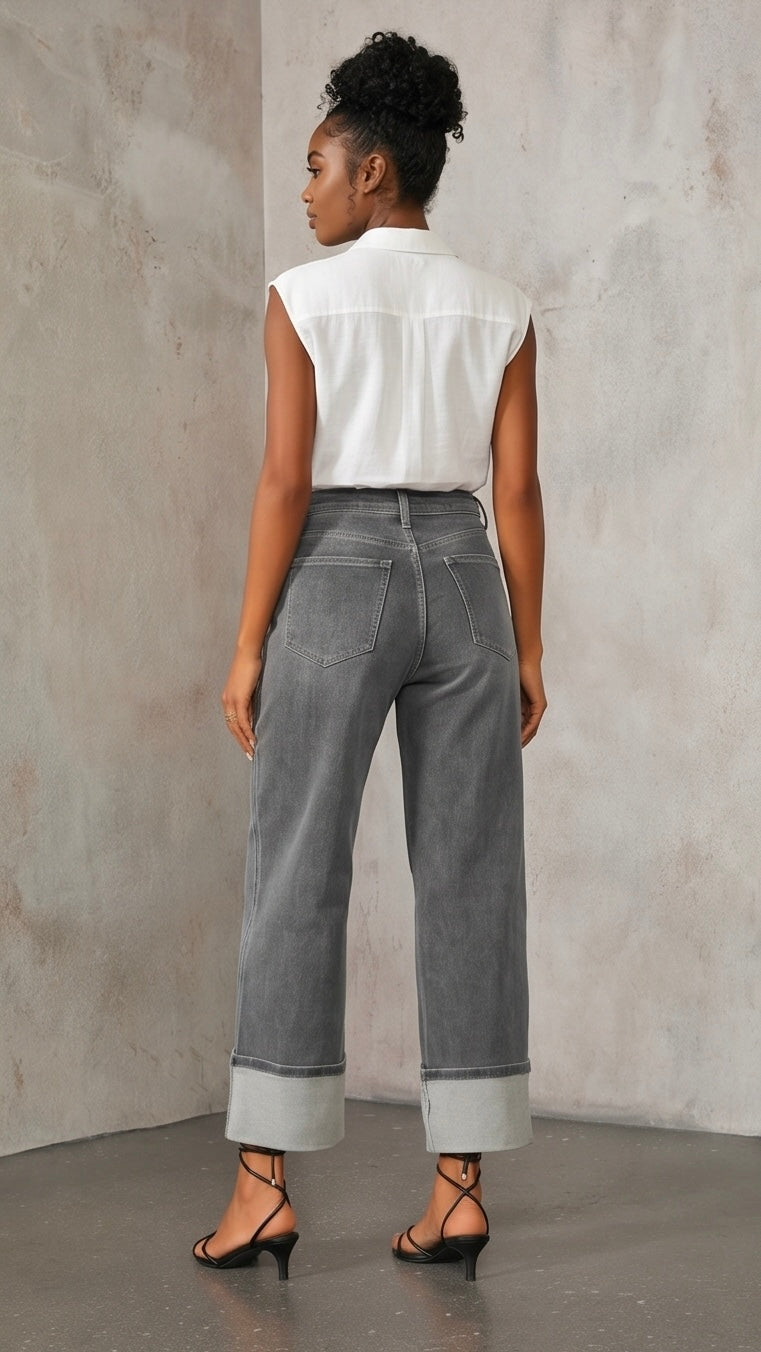 High Waisted Straight Leg Cuffed Jeans