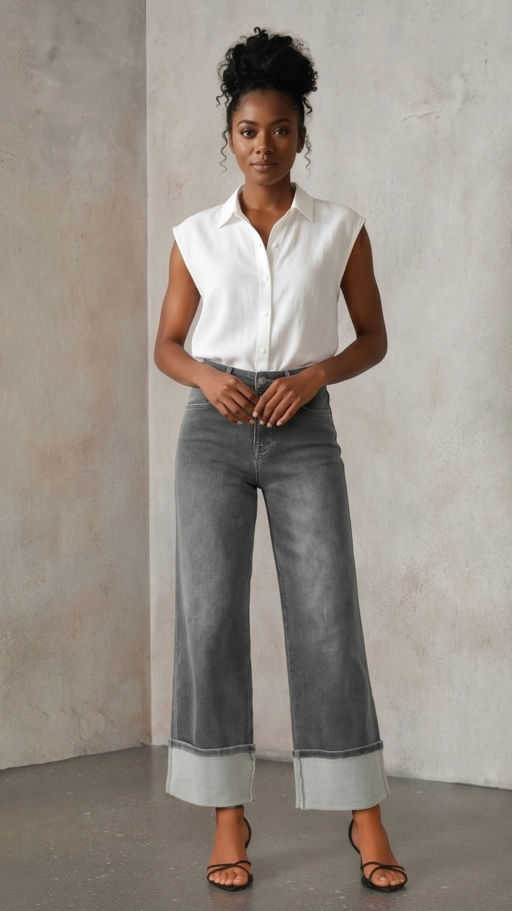 High Waisted Straight Leg Cuffed Jeans