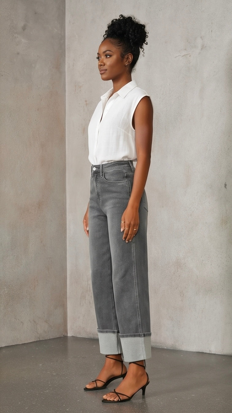 High Waisted Straight Leg Cuffed Jeans