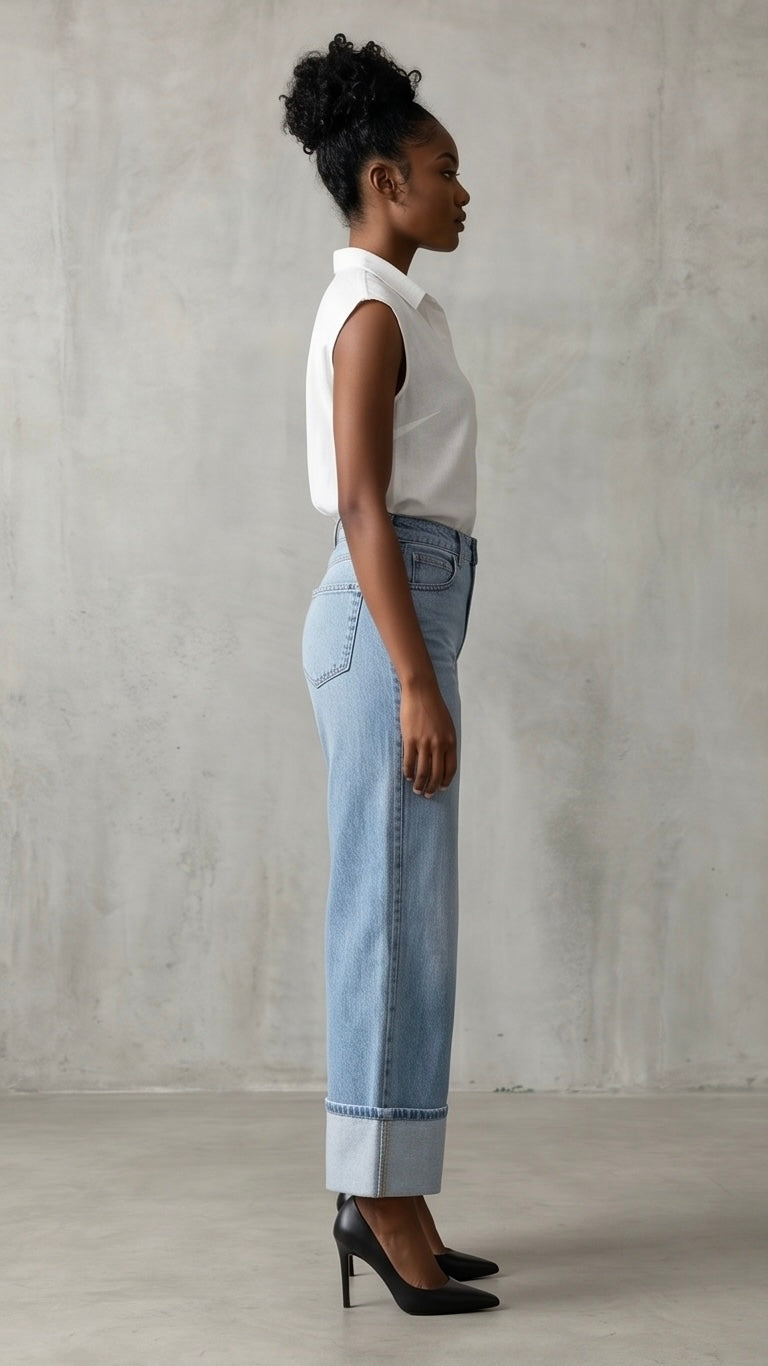 High Waisted Straight Leg Cuffed Jeans
