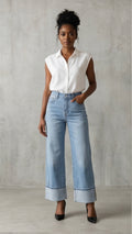 High Waisted Straight Leg Cuffed Jeans