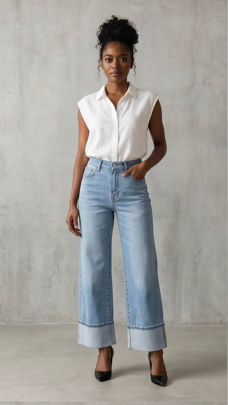 High Waisted Straight Leg Cuffed Jeans