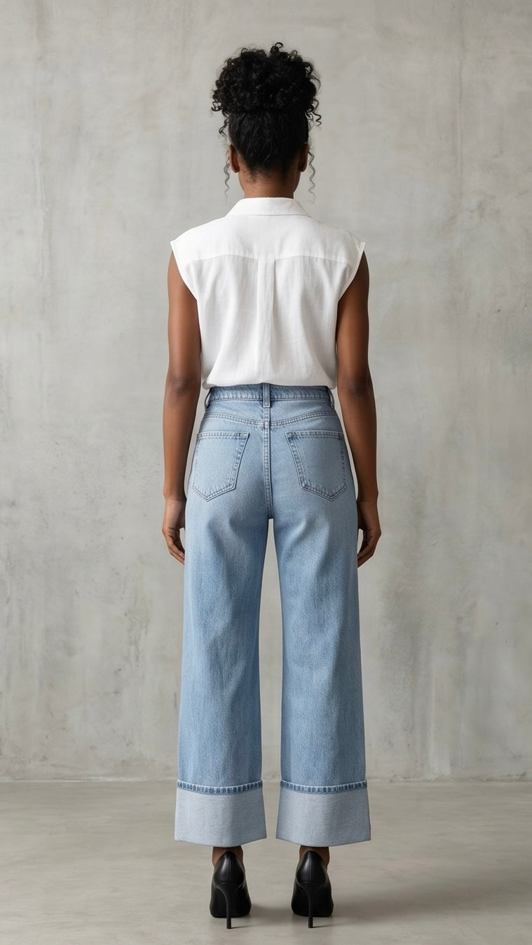 High Waisted Straight Leg Cuffed Jeans