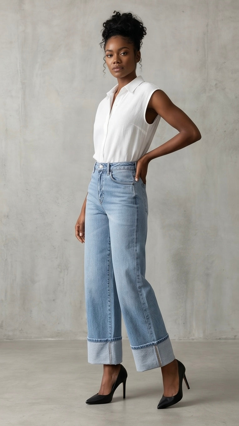 High Waisted Straight Leg Cuffed Jeans