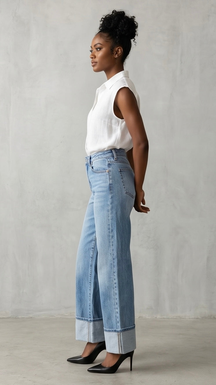 High Waisted Straight Leg Cuffed Jeans