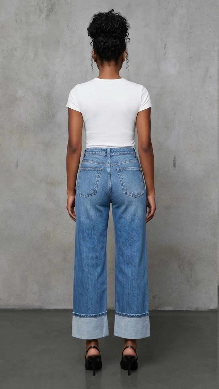 High Waisted Straight Leg Cuffed Jeans