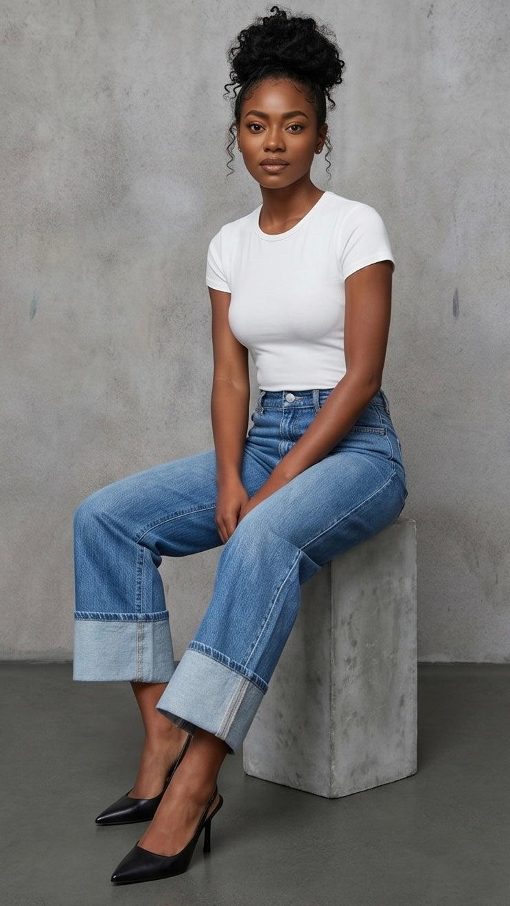 High Waisted Straight Leg Cuffed Jeans
