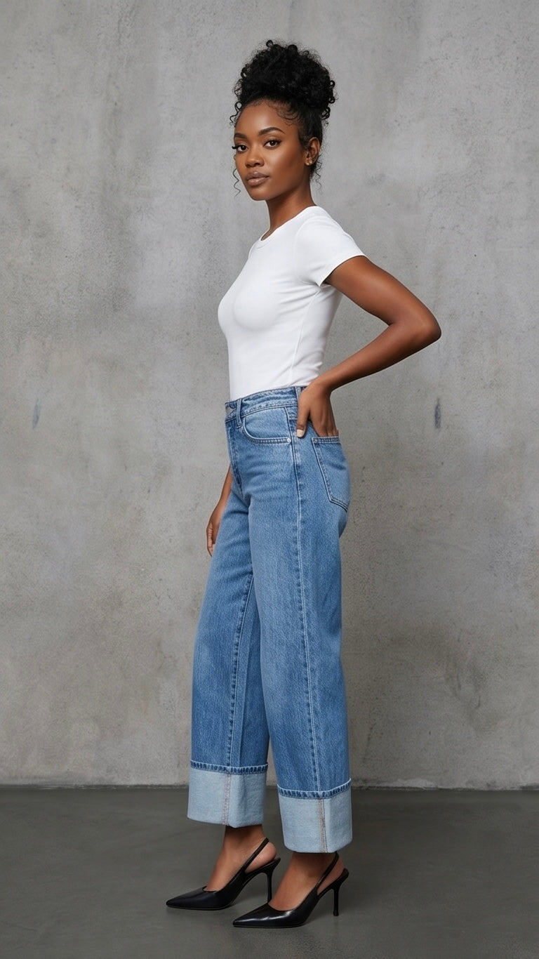 High Waisted Straight Leg Cuffed Jeans