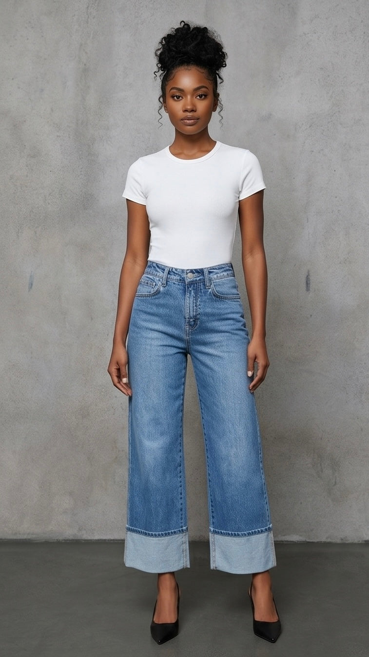 High Waisted Straight Leg Cuffed Jeans