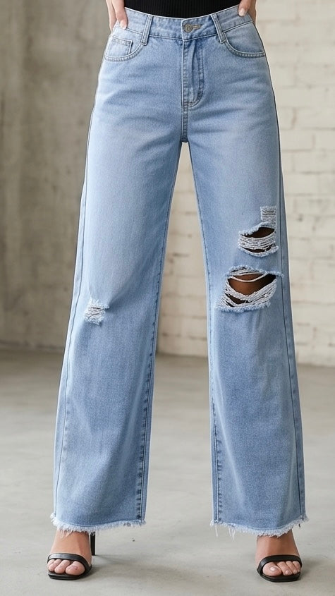 Distressed Raw Hem Wide Leg Jeans