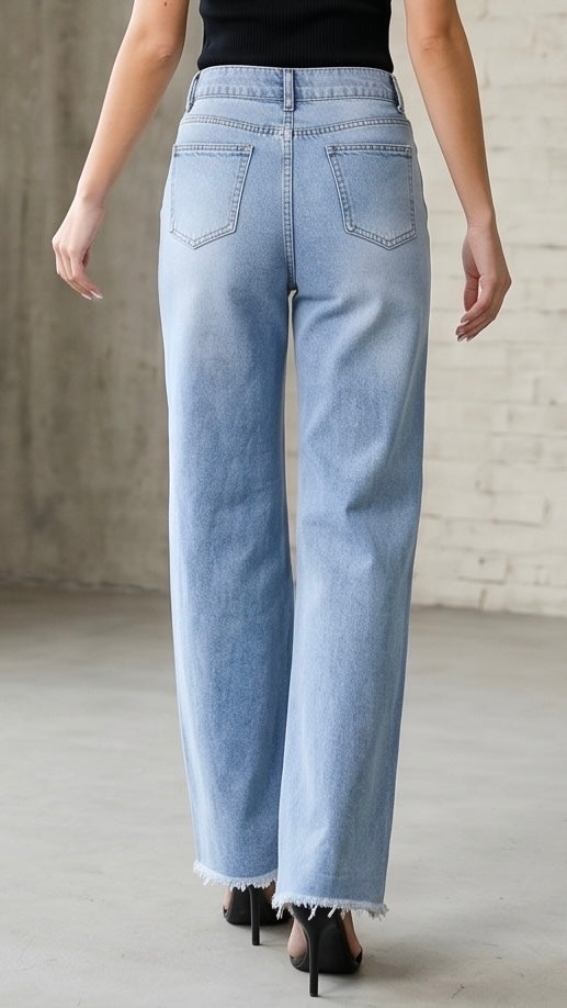 Distressed Raw Hem Wide Leg Jeans