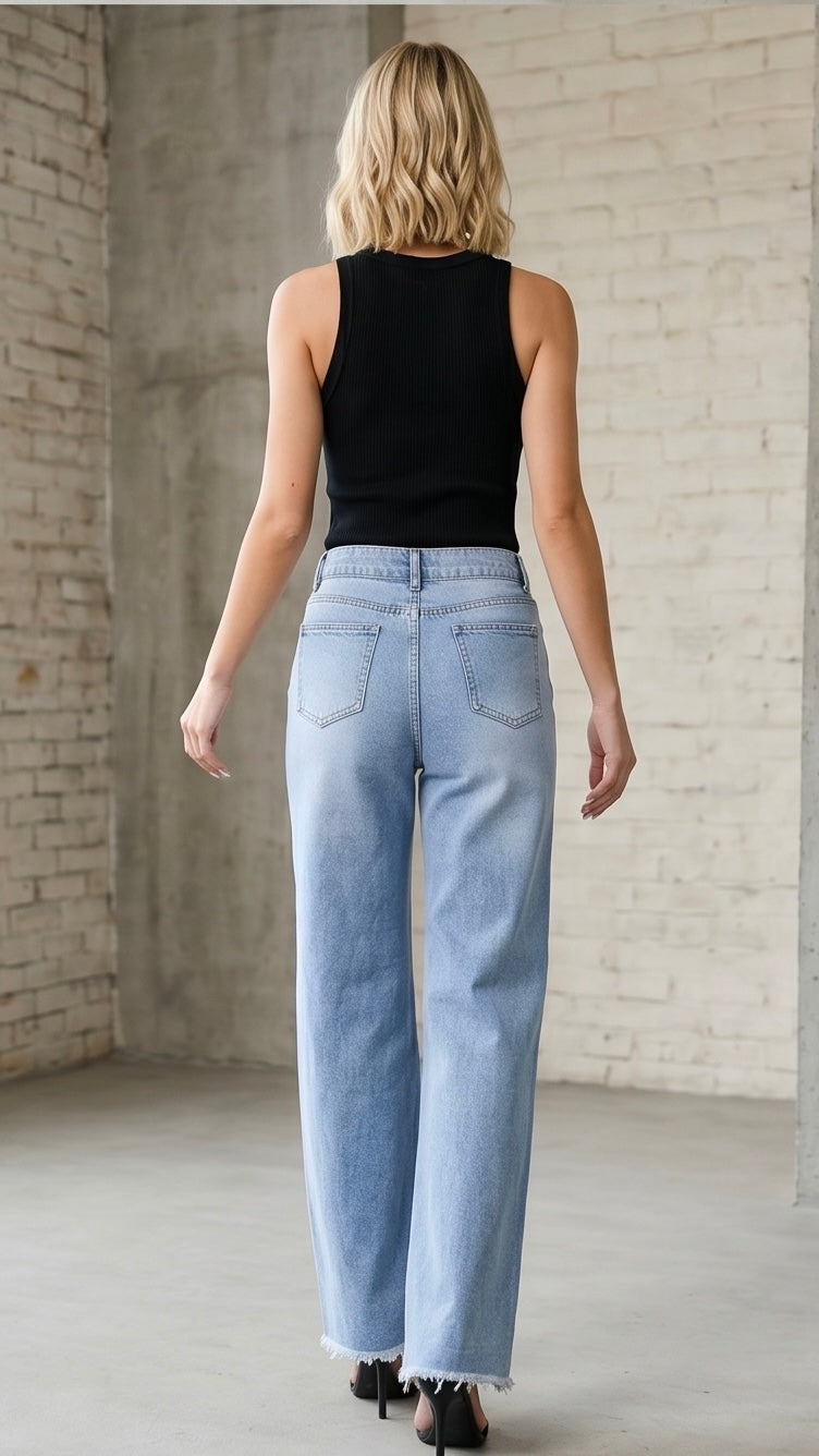 Distressed Raw Hem Wide Leg Jeans