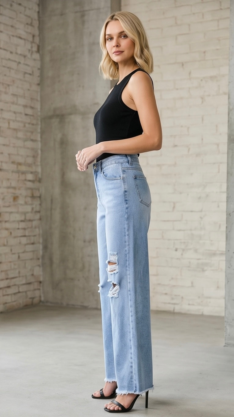 Distressed Raw Hem Wide Leg Jeans