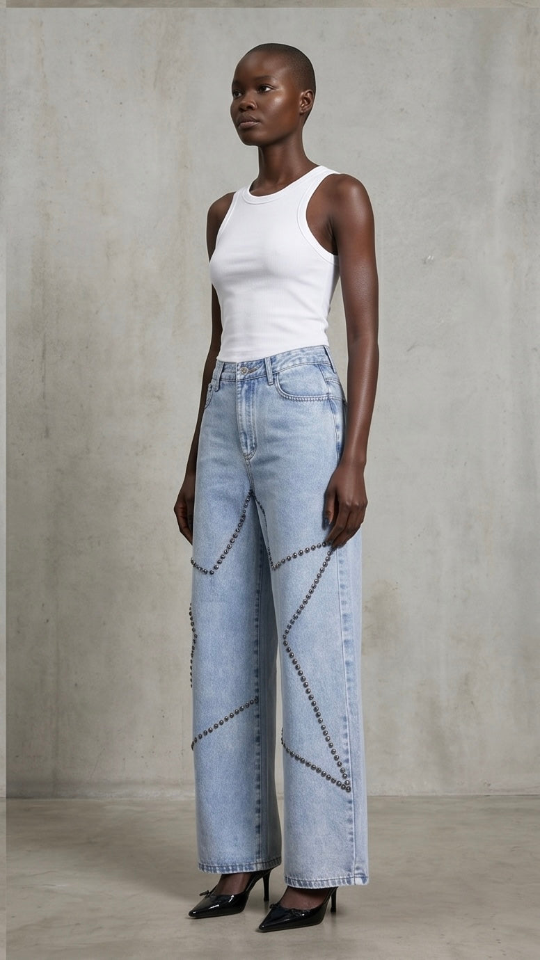 Studded Star Straight Jeans with Pockets