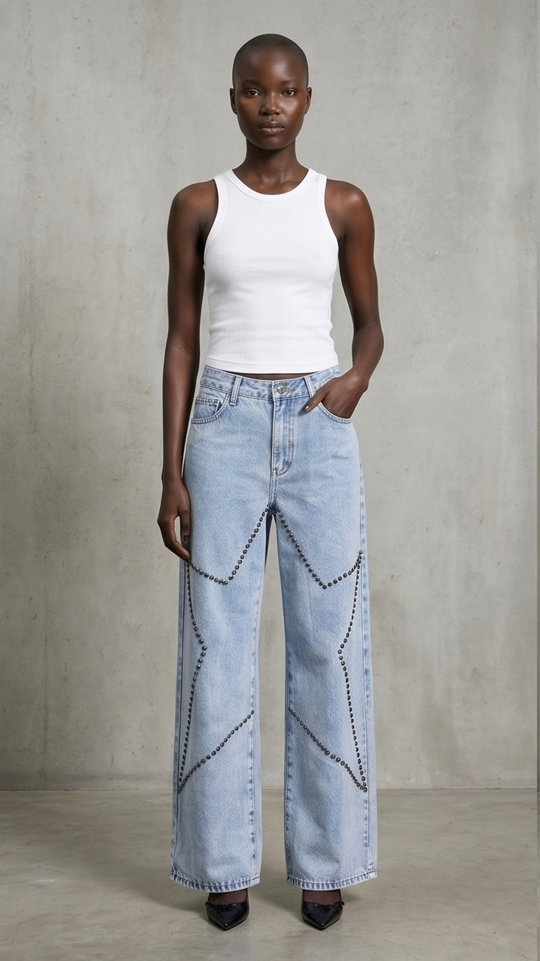 Studded Star Straight Jeans with Pockets