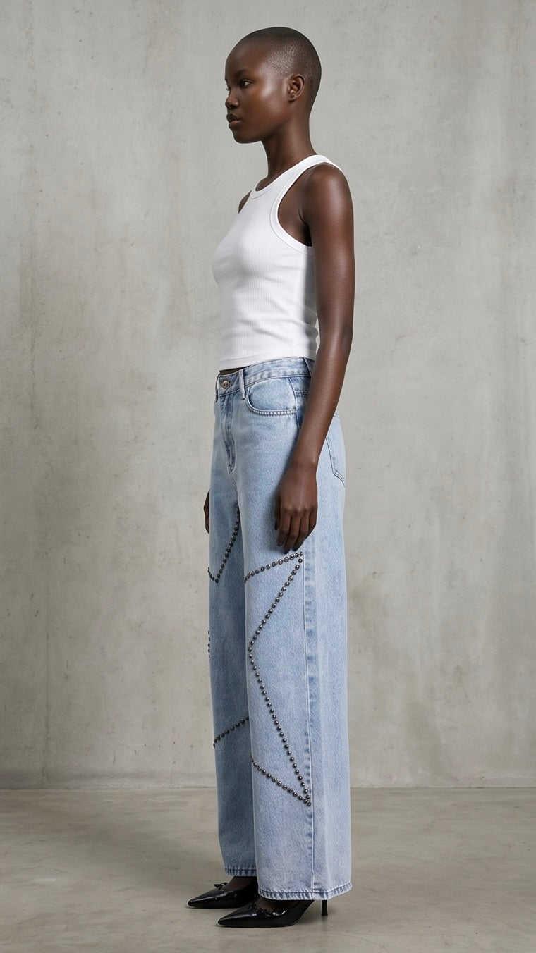 Studded Star Straight Jeans with Pockets