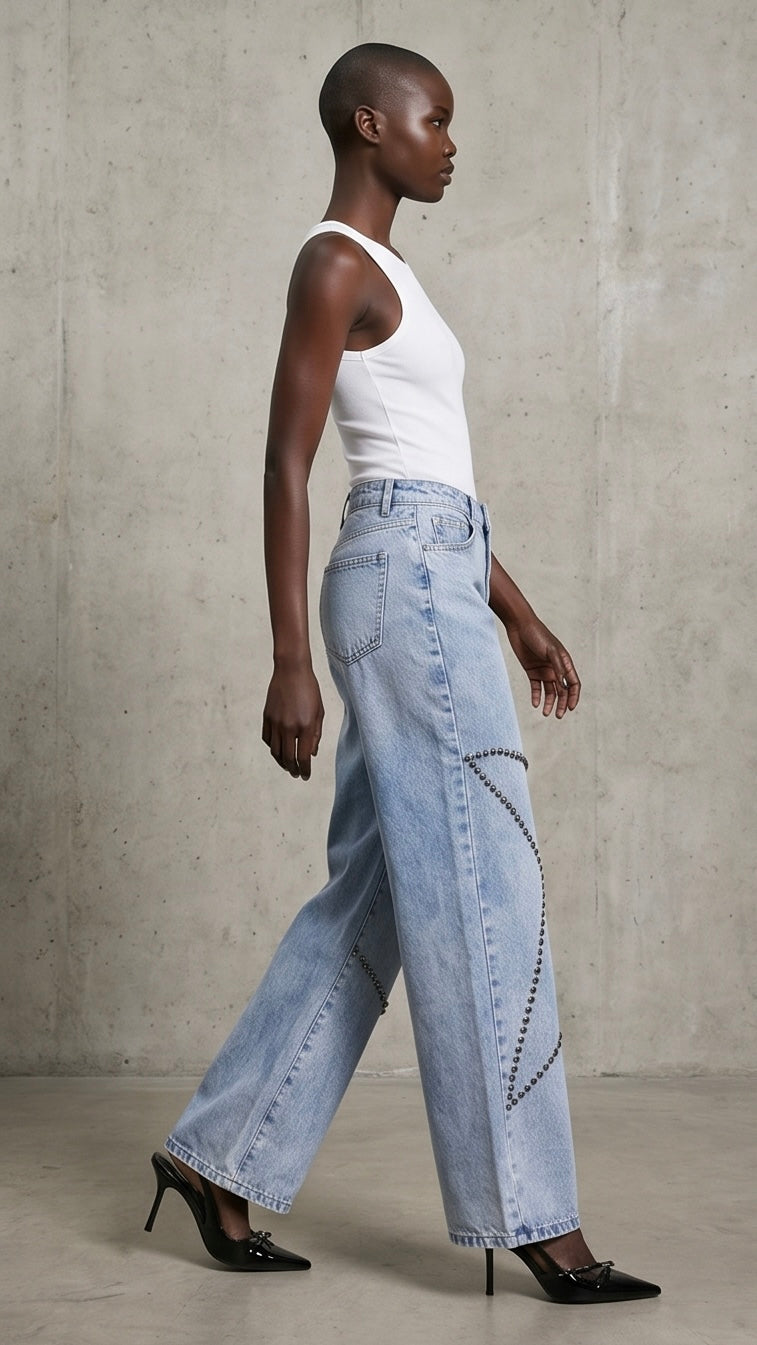 Studded Star Straight Jeans with Pockets