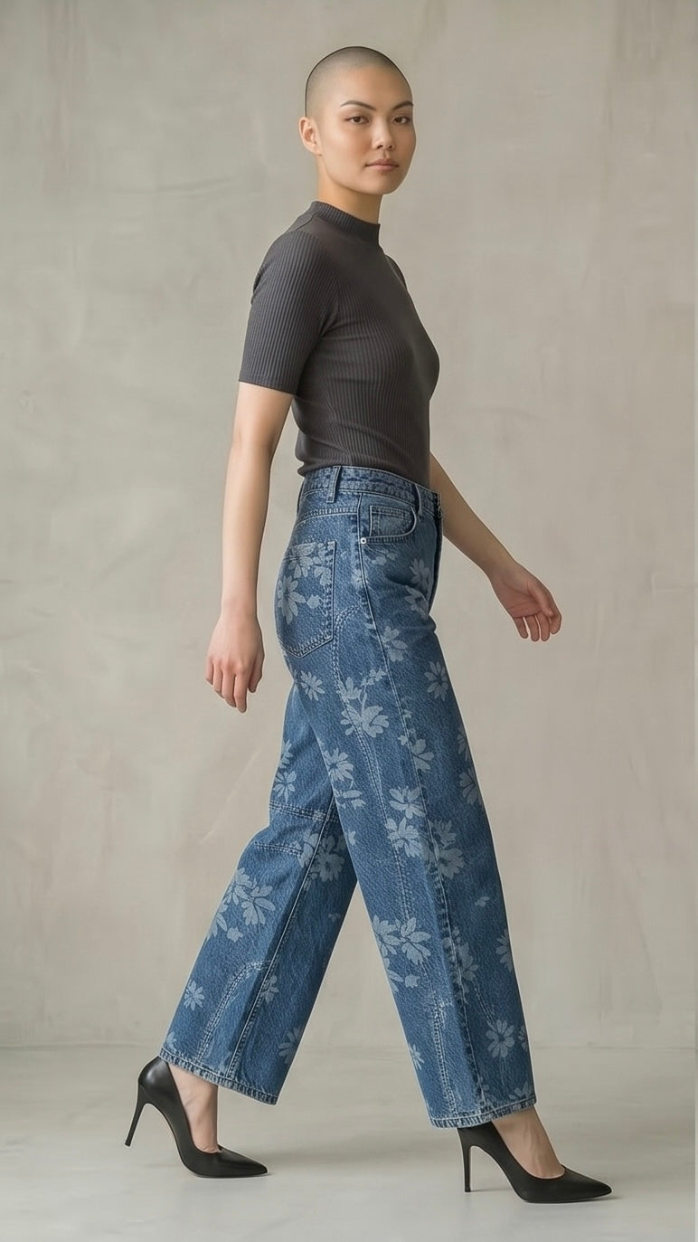 Flower Print Wide Leg Jeans