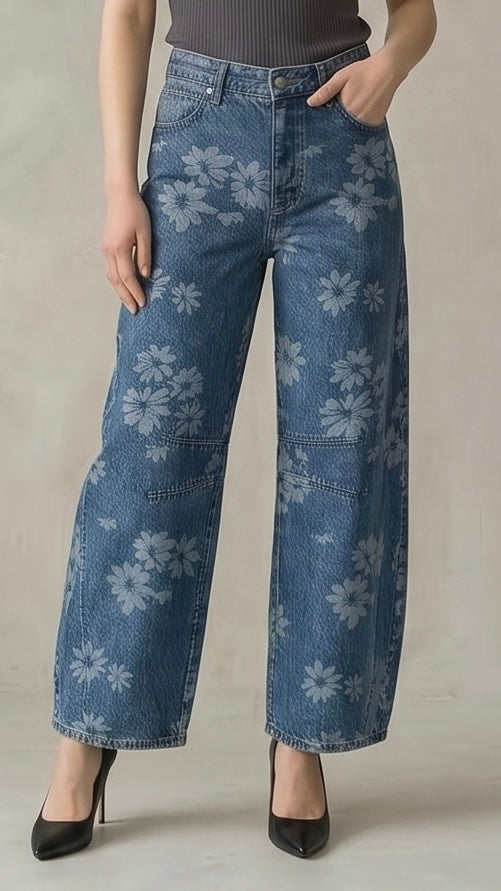 Flower Print Wide Leg Jeans