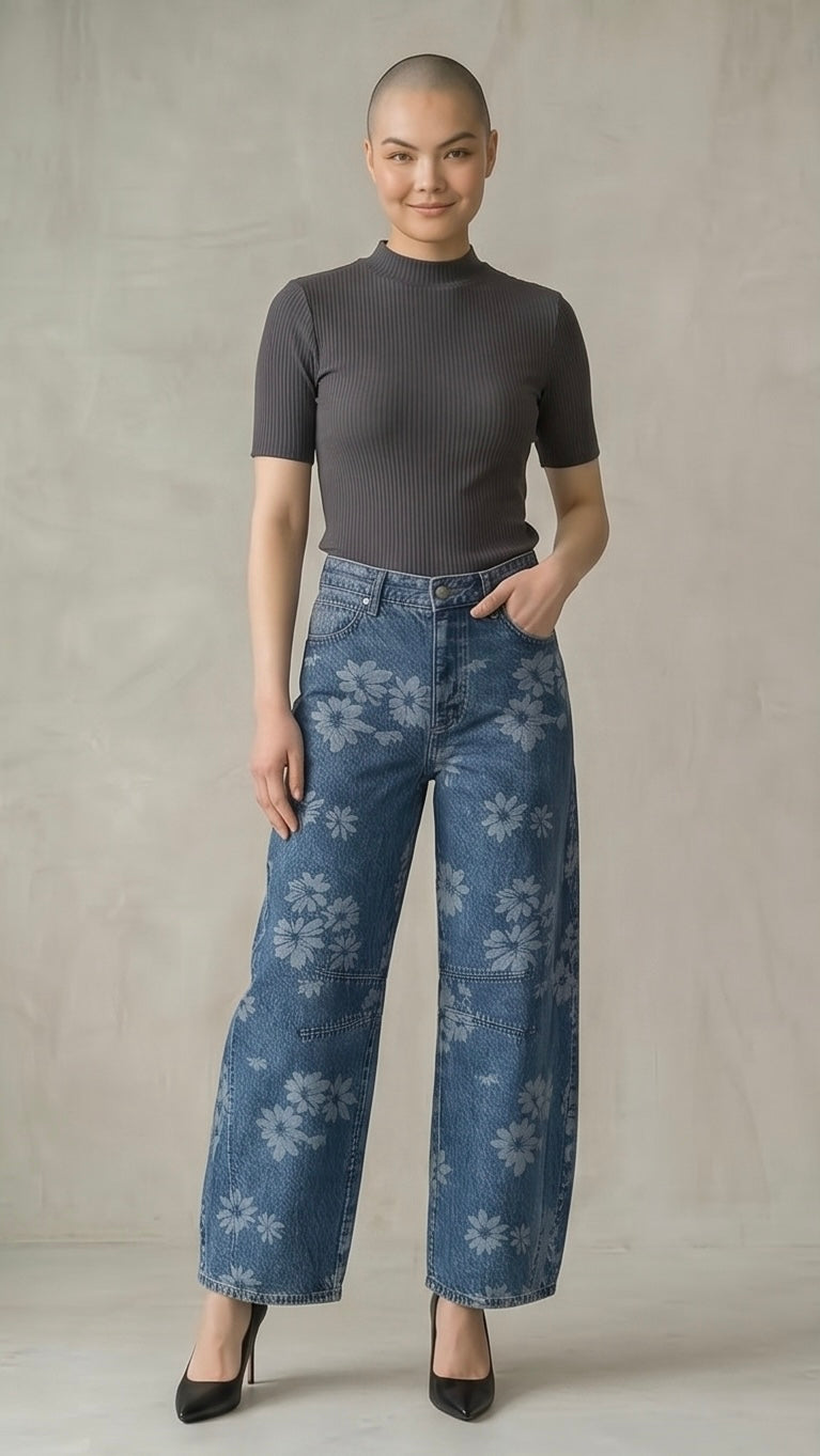 Flower Print Wide Leg Jeans