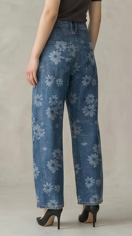Flower Print Wide Leg Jeans