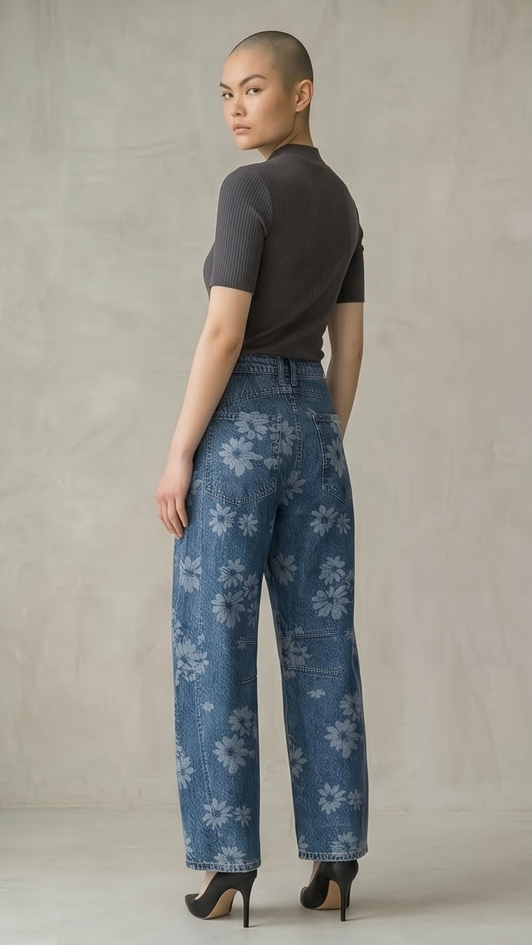 Flower Print Wide Leg Jeans