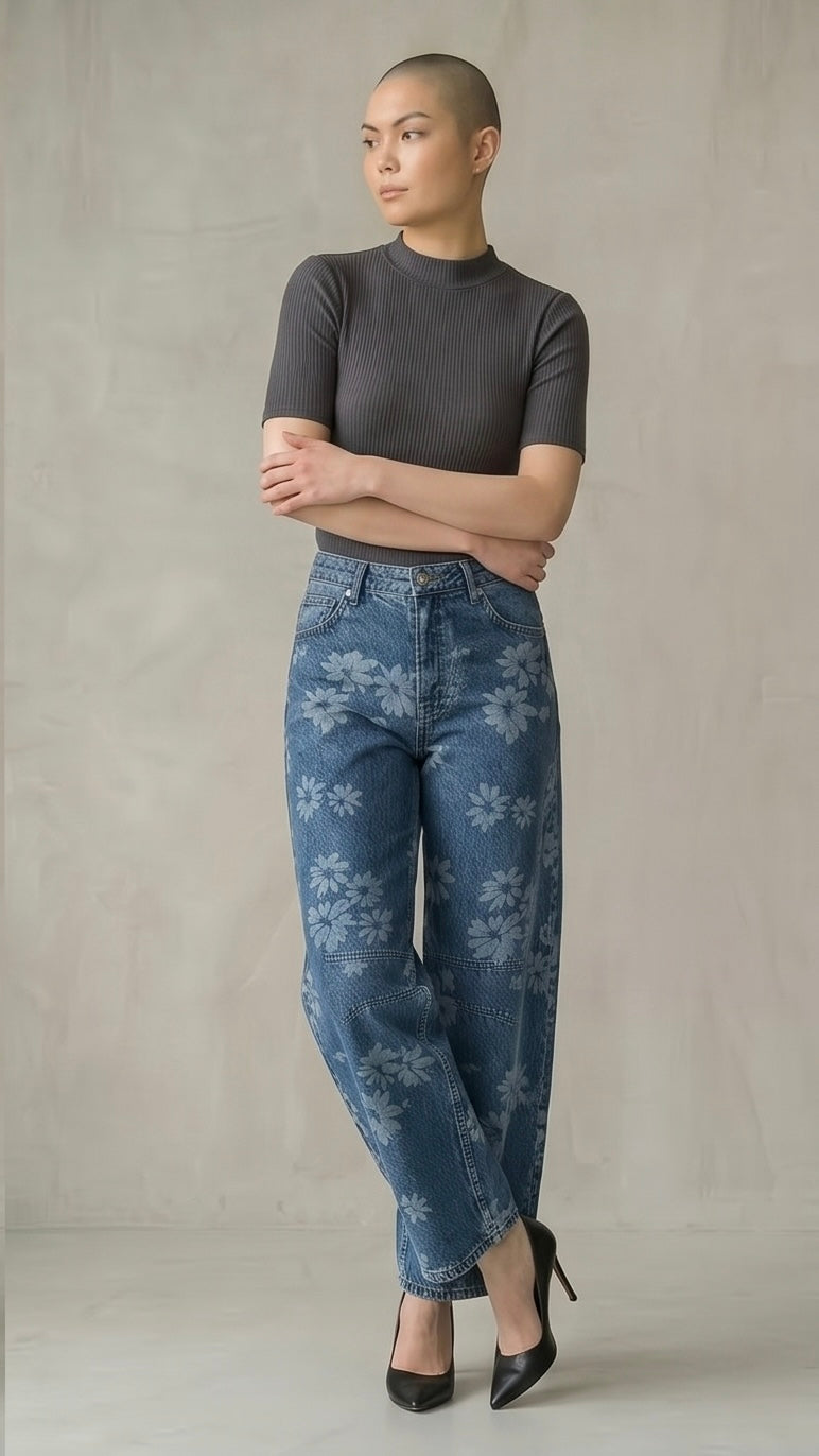 Flower Print Wide Leg Jeans