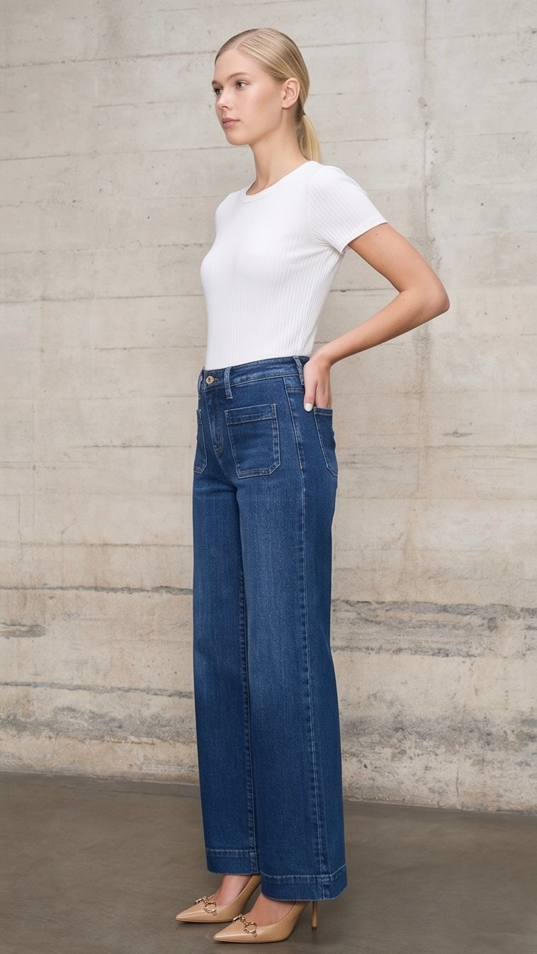 High Rise Front Pocket Patch Wide Leg Jeans