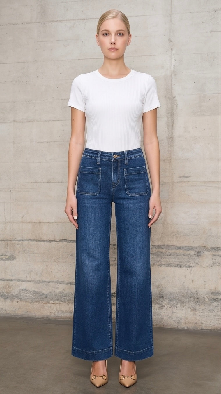 High Rise Front Pocket Patch Wide Leg Jeans