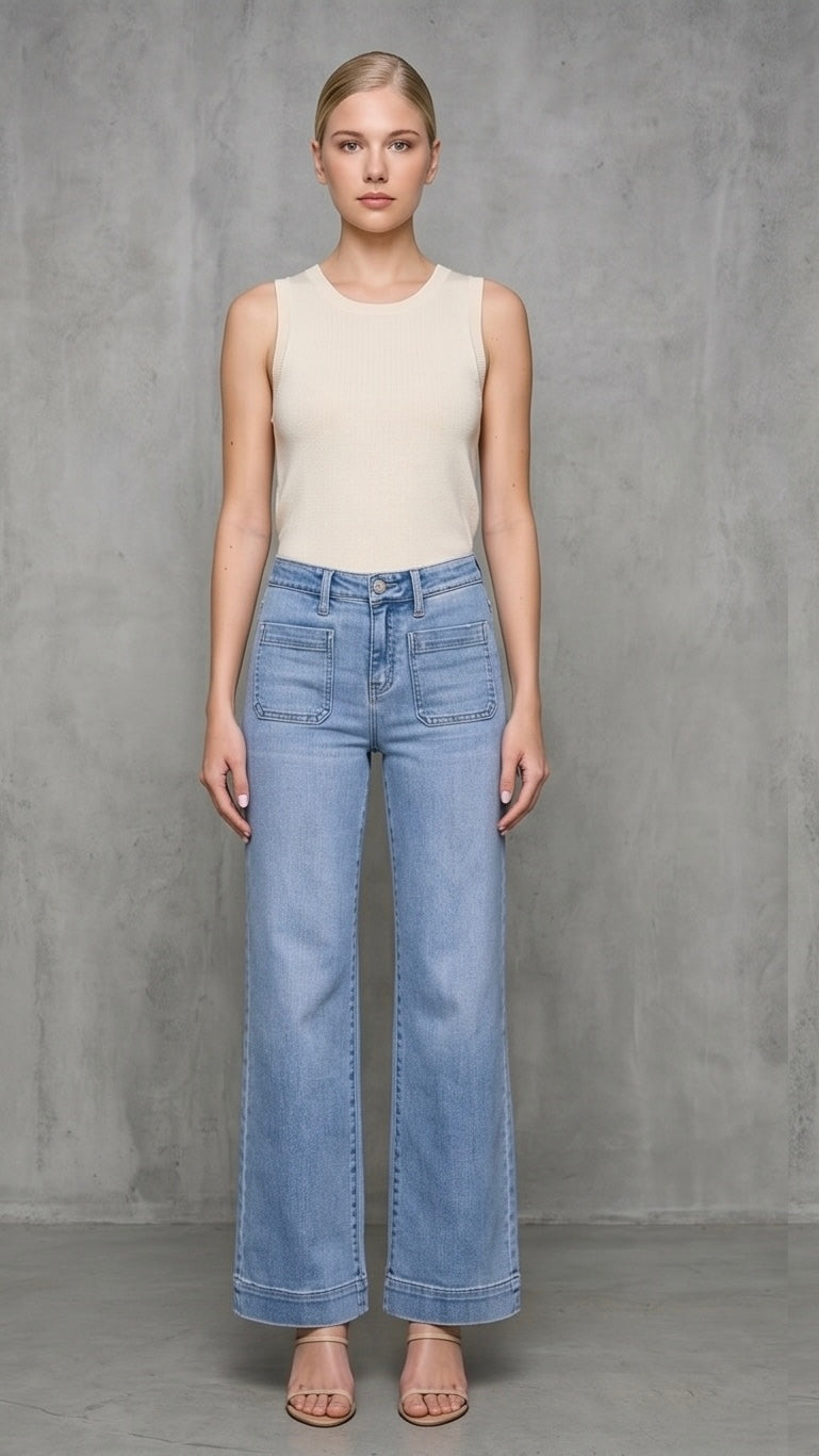 High Rise Front Pocket Patch Wide Leg Jeans