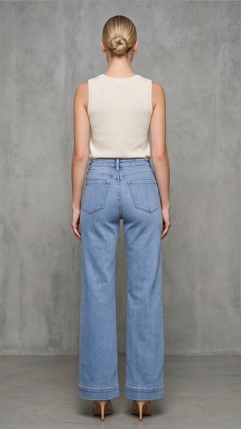 High Rise Front Pocket Patch Wide Leg Jeans