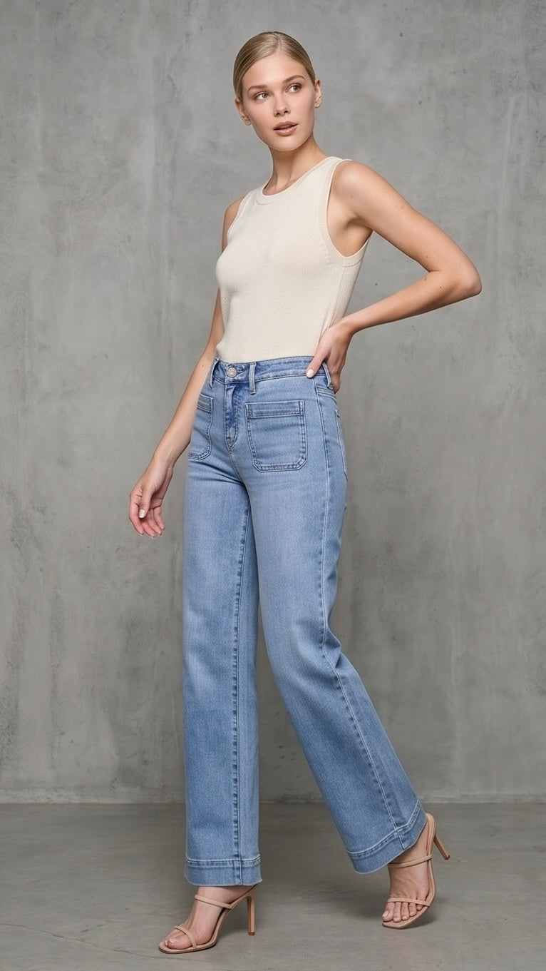 High Rise Front Pocket Patch Wide Leg Jeans