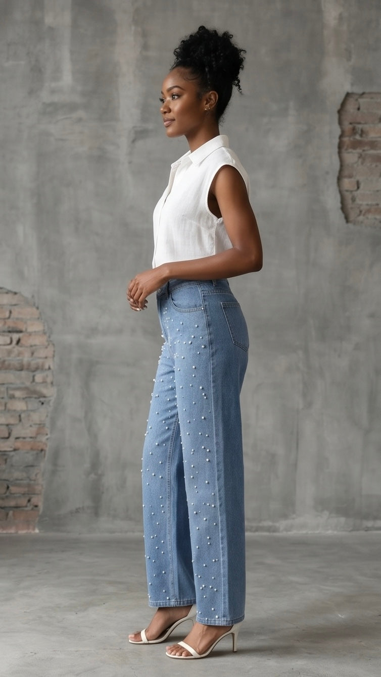 Pearl Detail Straight Jeans with Pockets