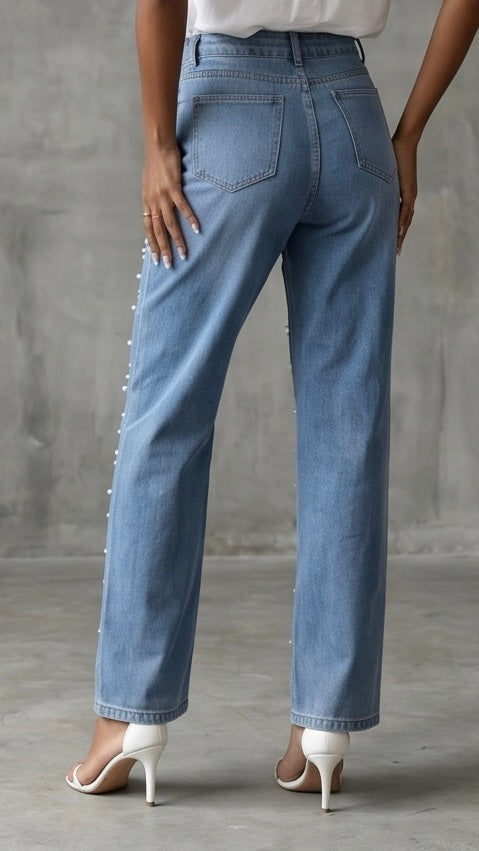 Pearl Detail Straight Jeans with Pockets
