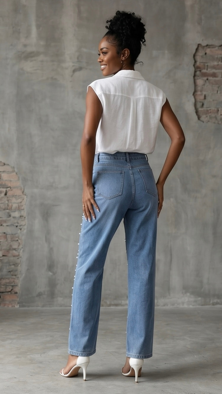 Pearl Detail Straight Jeans with Pockets