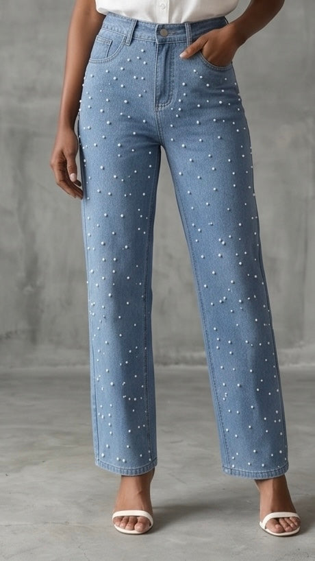 Pearl Detail Straight Jeans with Pockets