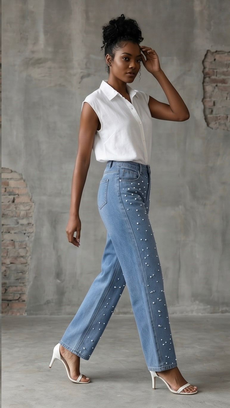 Pearl Detail Straight Jeans with Pockets