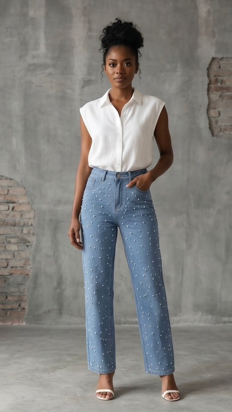 Pearl Detail Straight Jeans with Pockets