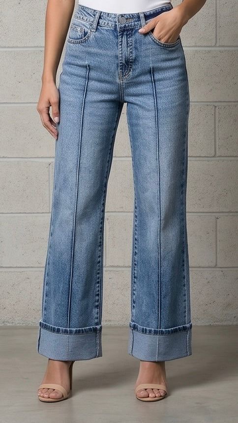Solid Center-Seam High Waist Straight Jeans