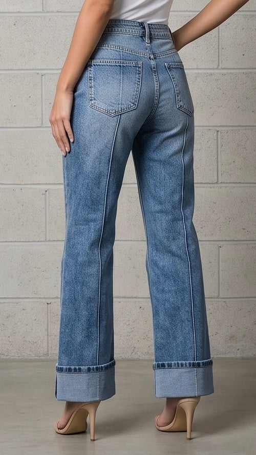 Solid Center-Seam High Waist Straight Jeans